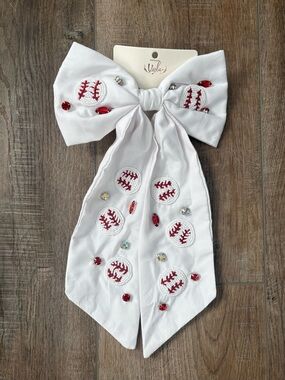 Source Unknown White Kids Hair Bow with Red Baseball Stitch & Rhinestone Accents